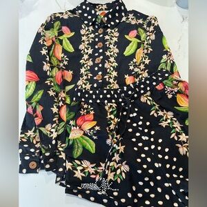FARM Rio Set 🌺 Black Floral Linen Blouse + Mini Shorts W/ Beaded Tassels XS